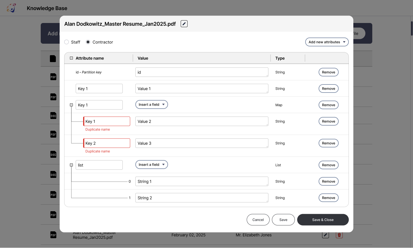Knowledge Base — edit modal
