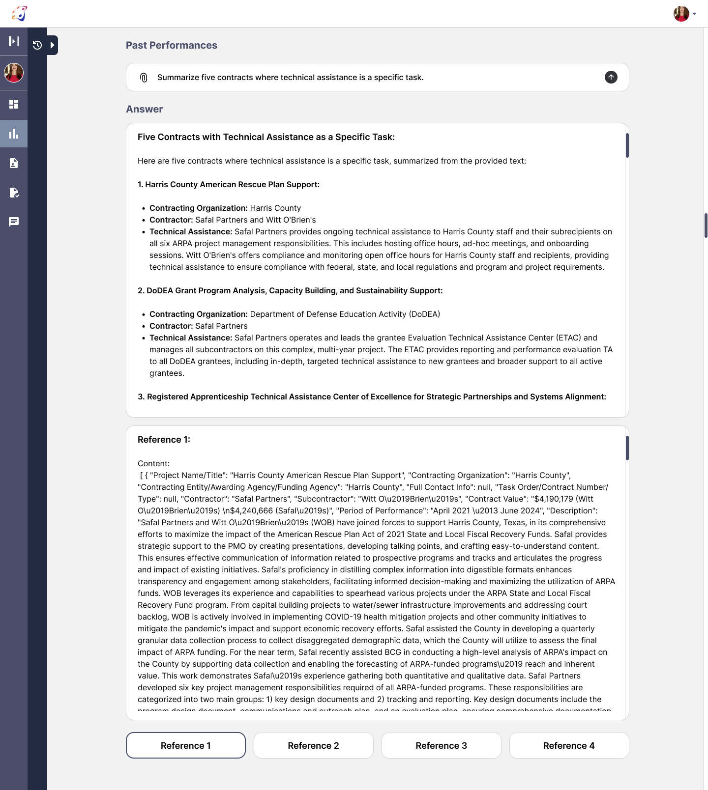 Past Performances — reference panel open showing source document